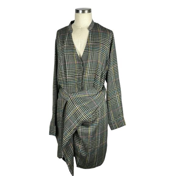 ASTR The Label Yuri Sage Multi Houndstooth Plaid Faux Wrap Mini Dress Women's L - Picture 1 of 9